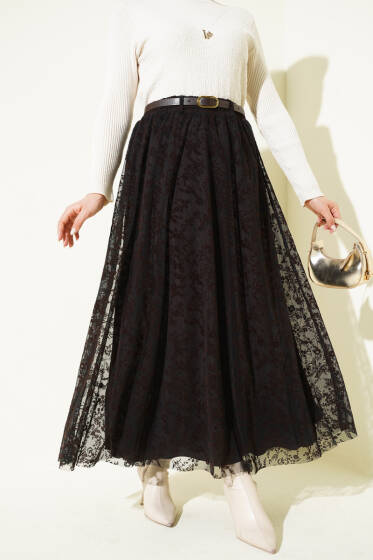 Tül Çiçekli Kemerli Etek Kahve - Etek