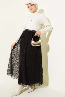 Tül Çiçekli Kemerli Etek Kahve - Etek