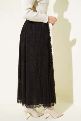 Tül Çiçekli Kemerli Etek Kahve - Etek