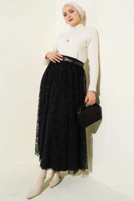 Tül Çiçekli Kemerli Etek Siyah - Etek