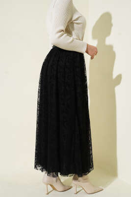 Tül Çiçekli Kemerli Etek Siyah - Etek