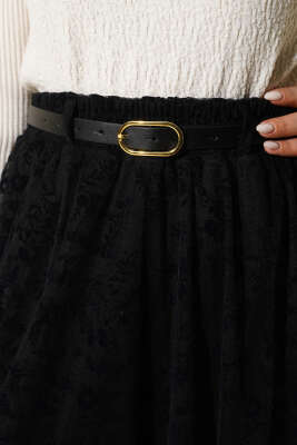 Tül Çiçekli Kemerli Etek Siyah - Etek