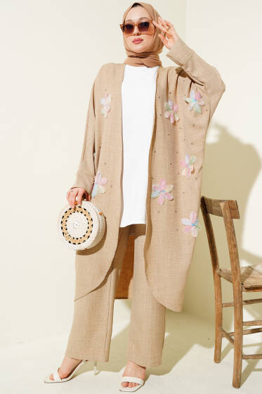 Tül Çiçekli Kimonolu Üçlü Takım Bej - İKİLİ TAKIM