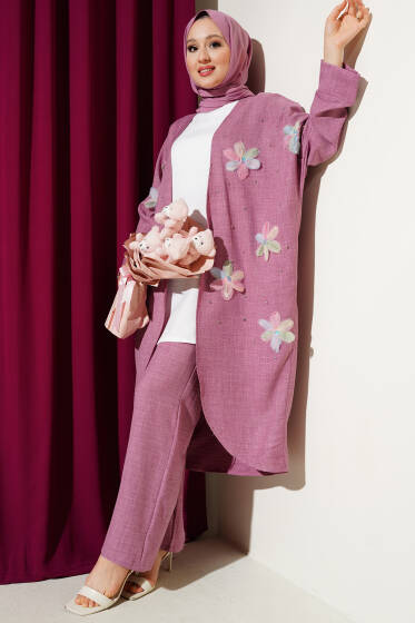 Tül Çiçekli Kimonolu Üçlü Takım Gül Kurusu - İKİLİ TAKIM