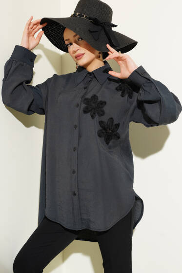 Tül Çiçekli Salaş Gömlek Antrasit - Gömlek