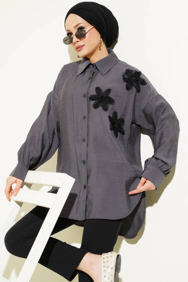 Tül Çiçekli Salaş Gömlek Füme - Gömlek