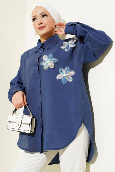 Tül Çiçekli Salaş Gömlek Lacivert - Gömlek