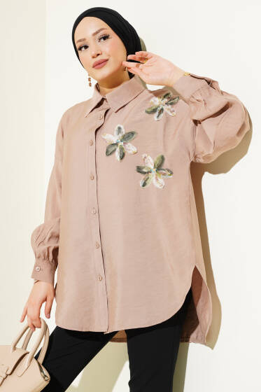 Tül Çiçekli Salaş Gömlek Vizon - Gömlek