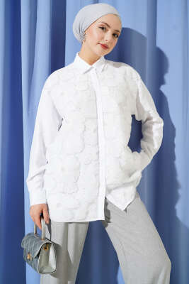 Tül Çiçekli Taş Süslemeli Gömlek Beyaz - DESTİNA