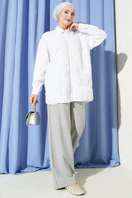 Tül Çiçekli Taş Süslemeli Gömlek Beyaz - Gömlek