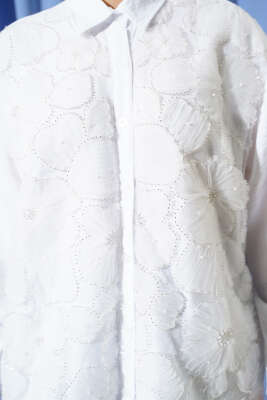 Tül Çiçekli Taş Süslemeli Gömlek Beyaz - Gömlek