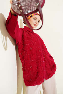 Tül Çiçekli Taş Süslemeli Gömlek Bordo 