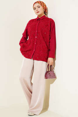 Tül Çiçekli Taş Süslemeli Gömlek Bordo - Gömlek