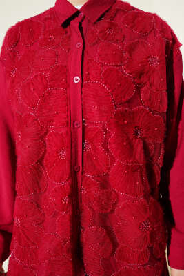 Tül Çiçekli Taş Süslemeli Gömlek Bordo - Gömlek