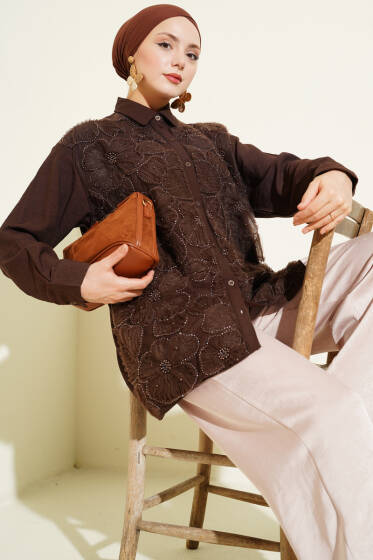 Tül Çiçekli Taş Süslemeli Gömlek Kahve - Gömlek