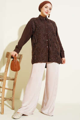 Tül Çiçekli Taş Süslemeli Gömlek Kahve - Gömlek