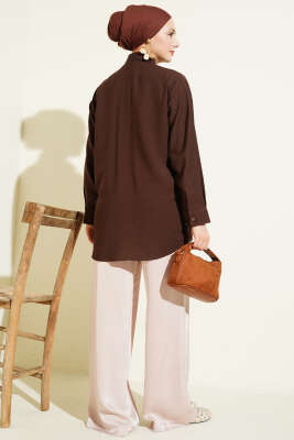 Tül Çiçekli Taş Süslemeli Gömlek Kahve - Gömlek