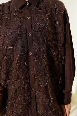 Tül Çiçekli Taş Süslemeli Gömlek Kahve - Gömlek