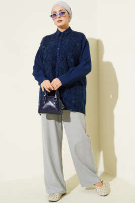 Tül Çiçekli Taş Süslemeli Gömlek Lacivert - Gömlek