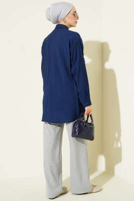 Tül Çiçekli Taş Süslemeli Gömlek Lacivert - Gömlek