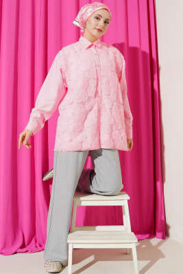 Tül Çiçekli Taş Süslemeli Gömlek Pembe - Gömlek