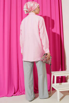 Tül Çiçekli Taş Süslemeli Gömlek Pembe - Gömlek