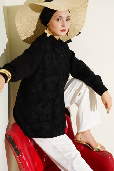 Tül Çiçekli Taş Süslemeli Gömlek Siyah - Gömlek