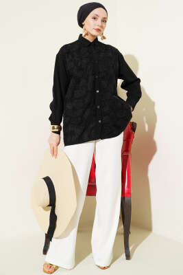 Tül Çiçekli Taş Süslemeli Gömlek Siyah - Gömlek