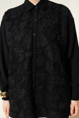 Tül Çiçekli Taş Süslemeli Gömlek Siyah - Gömlek
