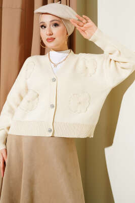 Tül Çiçekli Taşlı Kısa Triko Hırka Bej - VANİZA TRİKO