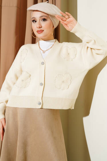 Tül Çiçekli Taşlı Kısa Triko Hırka Bej - Hırka