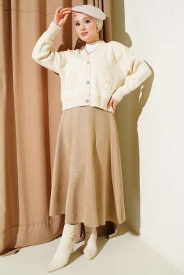 Tül Çiçekli Taşlı Kısa Triko Hırka Bej - Hırka