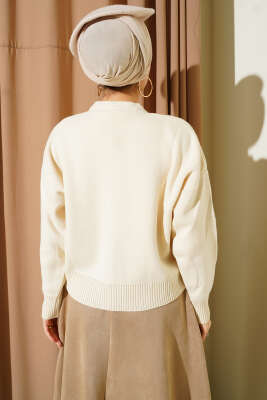 Tül Çiçekli Taşlı Kısa Triko Hırka Bej - Hırka