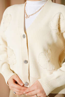 Tül Çiçekli Taşlı Kısa Triko Hırka Bej - Hırka