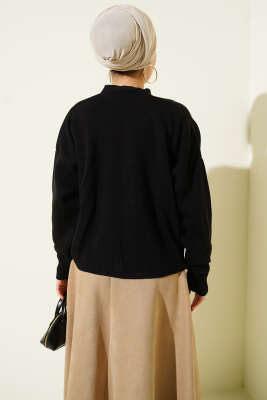 Tül Çiçekli Taşlı Kısa Triko Hırka Siyah - Hırka