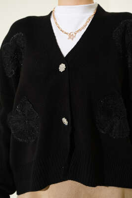 Tül Çiçekli Taşlı Kısa Triko Hırka Siyah - Hırka