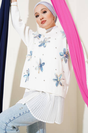 Tül Çiçekli Taşlı Triko Kazak İndigo - Triko Kazak