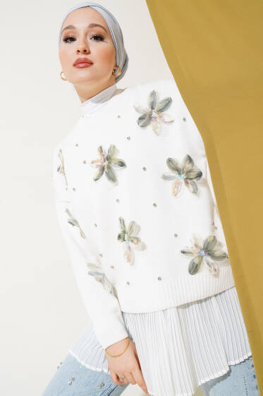 Tül Çiçekli Taşlı Triko Kazak Yeşil - Triko Kazak