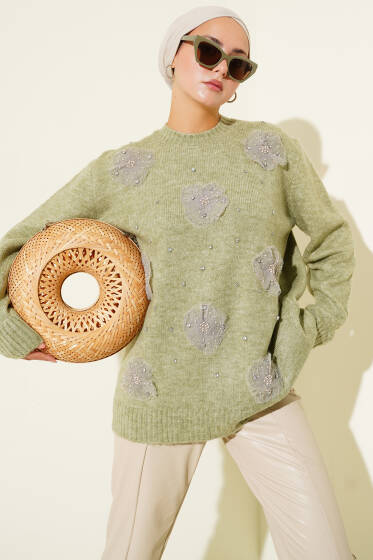 Tül Çiçekli Taşlı Triko Tunik Çağla Yeşili - Tunik