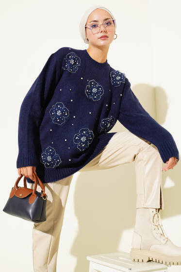 Tül Çiçekli Taşlı Triko Tunik Lacivert - Tunik