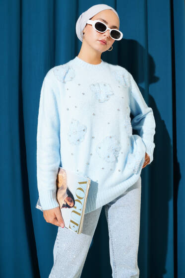 Tül Çiçekli Taşlı Triko Tunik Mavi - Tunik