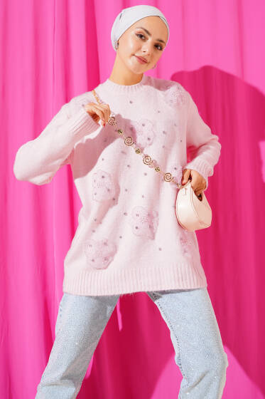 Tül Çiçekli Taşlı Triko Tunik Pembe - Tunik