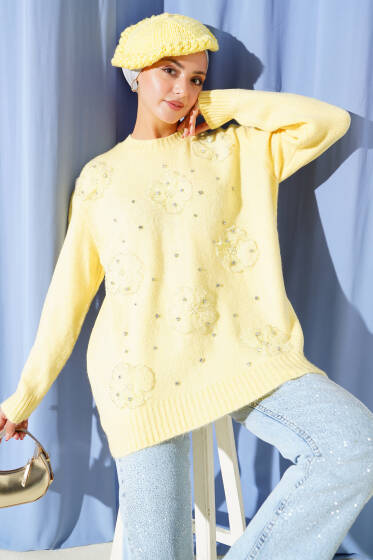 Tül Çiçekli Taşlı Triko Tunik Sarı - Tunik