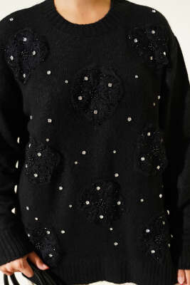 Tül Çiçekli Taşlı Triko Tunik Siyah - 500-700 TL Ürünler