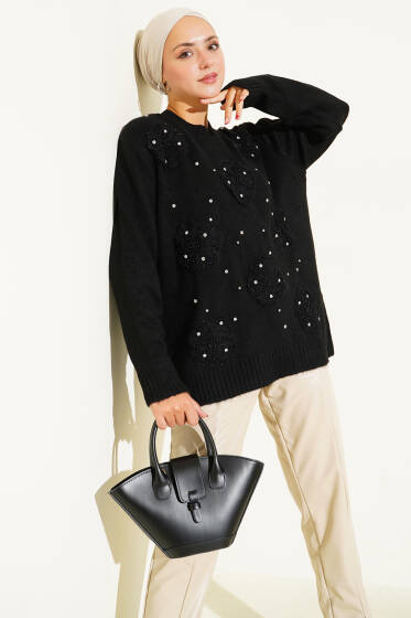 Tül Çiçekli Taşlı Triko Tunik Siyah - Tunik