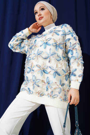 Tül Çiçekli Triko Tunik Bej - Triko Tunik