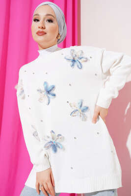 Tül Çiçekli Triko Tunik İndigo - HATUN