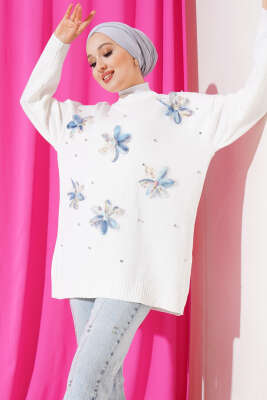 Tül Çiçekli Triko Tunik İndigo - Triko Tunik