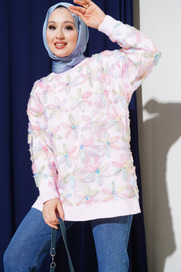 Tül Çiçekli Triko Tunik Pembe - Triko Tunik