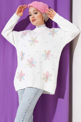 Tül Çiçekli Triko Tunik Pudra - Triko Tunik